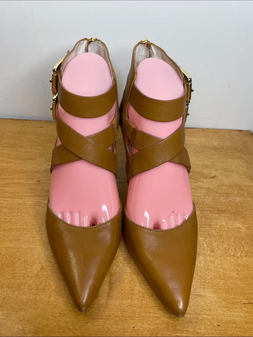 MICHAEL Michael Kors Tan Pointed-Toe Double Buckle Strap Heels. Size 7